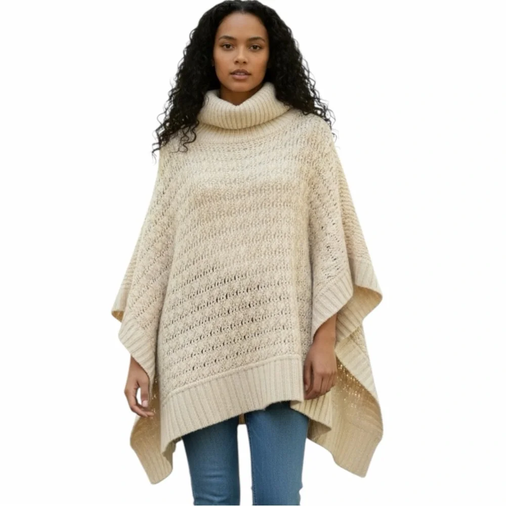MARGARET O’LEARY Chunky Lambswool Knit Poncho Shrug Sweater - Ivory Size 1